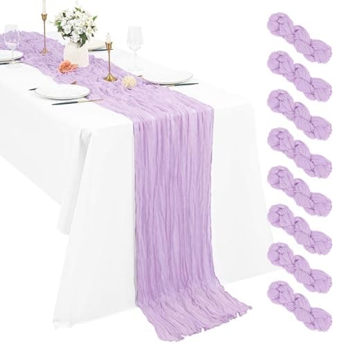 Pesonlook 8 Pack Cheesecloth Table Runner, 10Ft Boho Gauze Table Runner 21×120 Inch Rustic Romantic Long Table Runner for Wedding Party Bridal Shower Thanksgiving Christmas Decoration(Lavender)