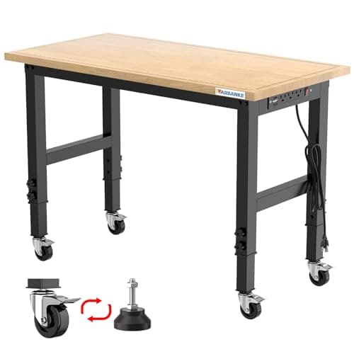 LARBANKE 48" Adjustable Workbench with Wheels,Heavy-Duty Rubber Wood Worktable with Power Outlets & Precision Scales & Foot Pads,2000 LBS Load Capacity Work Benches for Garage,Workshop,Office,Home