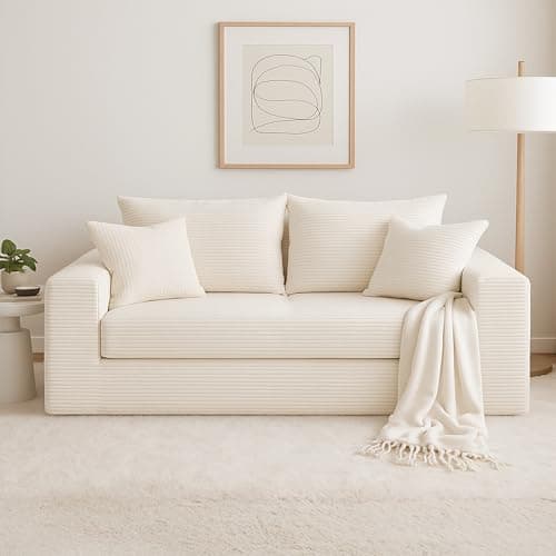 cidludto Convertible Sofa Bed, 3 in 1 Loveseat Folding Couch Bed Foldable - Chaise Lounge Chair & Floor Futon Sleeper, Corduroy Pull Out Sofa Bed with 4 Pillows for Living Room, Beige