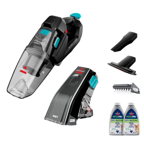 BISSELL Stain Eraser Duo, 2-in-1 Cordless Portable Deep Cleaner and Hand Vacuum with PET PRO OXY Spot & Stain Formula, 3705, Black
