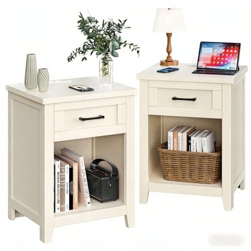 Decofy Farmhouse Nightstand with Charging Station & Large Storage, Set of 2 Modern End Tables with Outlets, USB Ports and Type-C Ports, Easy Assembly for Bedroom (Off White)