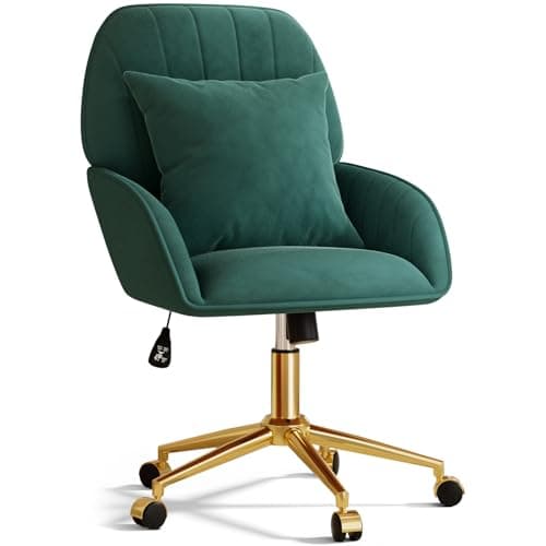 Home Office Desk Chair Comfy with Adjustable Swivel Wheels, Modern Velvet Makeup Vanity Chair with Back & Pillow, Ergonomic Office Chair Computer Task Chair for Living Room, Bedroom, Green