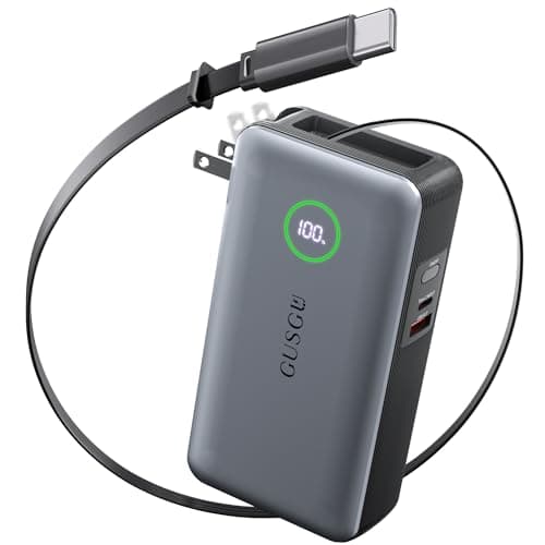 GUSGU X3 Pro 20,000mAh Power Bank with Foldable Plug, Retractable USB-C Cable & Type-C/USB-A Ports, 65W PD Max Fast Charger for MacBook Air/Pro, iPad, iPhone 17/16/15, Galaxy S24/S23 and More