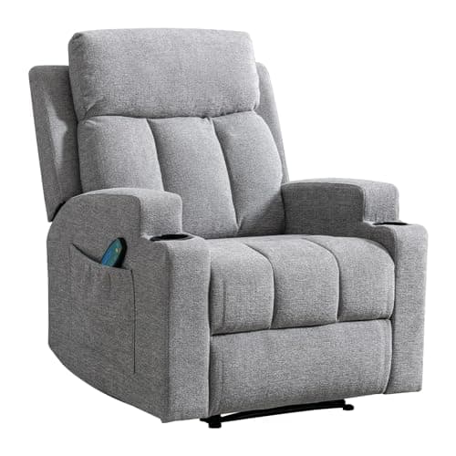ANJ Home Manual Massage Recliner Chairs with Heat for Living Room, Overstuffed Breathable Fabric Reclining Chair with Side Pockets and Cup Holders, Single Sofa Home Theater Seating, Grey