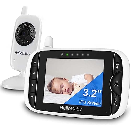 HelloBaby Video Baby Monitor with Camera and Audio, 3.2Inch LCD Display, Infrared Night Vision, Two-Way Audio and Room Temperature Monitoring,Lullaby,Sound Activated Screen