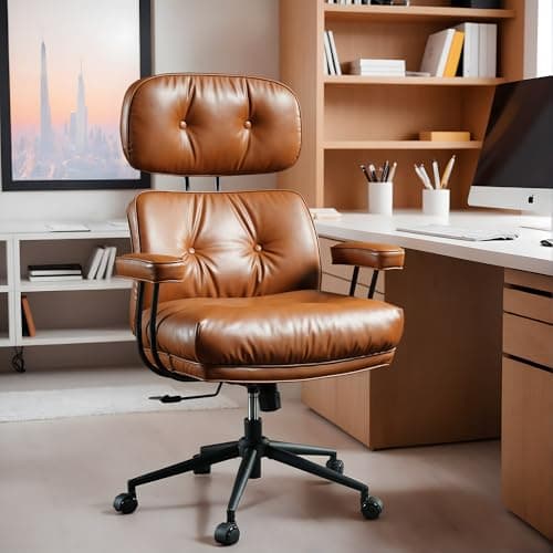 High Back Executive Office Chair with Comfortable Deep Seat,Brown PU Leather Modern Office Chair,Ergonomic Big and Tall Computer Desk Chair with Lumbar Support(Light Brown)