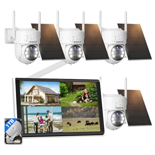 GAIEXCE Wireless Solar Camera System Outdoor, 4PCS 4MP Battery Powered Cameras, No Monthly Fee, 360° View Pan Tilt, PIR Motion Detection, Color Night Vision, IP66, 2-Way Audio, 10" Monitor