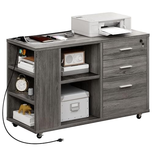 YITAHOME File Cabinet with Charging Station, Mobile Lateral Filing Cabinet with Lock for Home Office, Printer Stand with Open Storage Shelf, Fits A4, Letter, Legal Size Files, Office Furniture, Grey