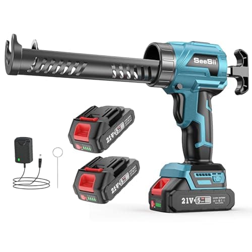SEESII Cordless Caulking Gun, 21V Electric Caulking Gun w/2 x 2.0Ah Batteries, 9Pcs Caulk Remover Tool, LED Light, Auto Retract for Filling, Sealing (Deep Blue)