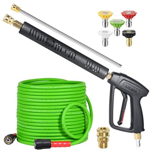 YAMATIC Pressure Washer Gun and Hose, 50 FT Flexible Hose with Stainless Steel Extension Power Washer Wand, 3/8" Swivel Quick Connect & M22-14mm Adapter Replacement for Ryobi Simpson Honda (Green)