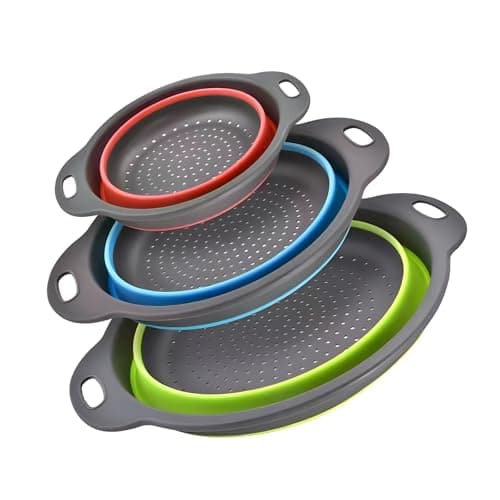 Silicone Colander Collapsible Strainers Set for Kitchen- 3 Pack (3Qt, 4Qt,5Qt) -Over Home Draining Basket, Food Vegetables & Fruits-Dishwasher Safe, BPA Free Space Saving Design (Green,Blue,Red)