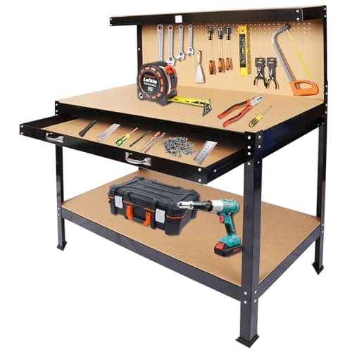 SPOWAY 63'' Garage Workbench, 300 Lbs Load Capacity Heavy Duty Work Bench, Workbench with Pegboard Drawer Backplate Metal Frame Wood Top Workbench for Workshop Office Home Garage
