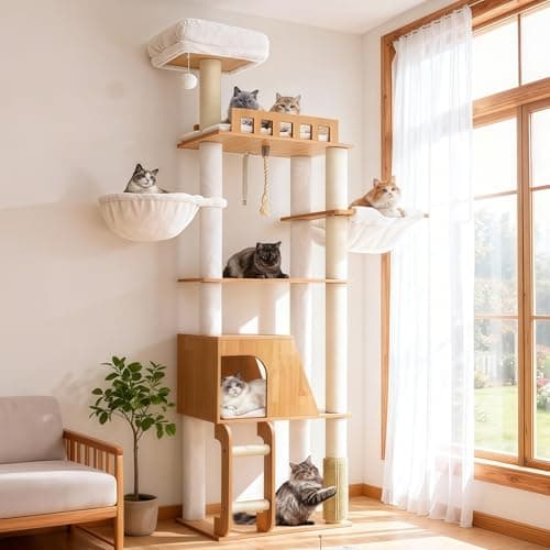 Hey-brother Wooden Cat Tree, 69.7 inch Cats Furniture Tower with Large Platforms, Hammocks, Spacious Condo, Full Sisal Scratching Posts, Ladder, Brush, Water Proof Surface, Walnut MPJ121WB