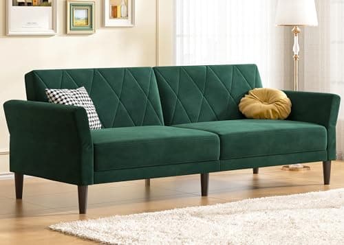HONBAY Velvet Futon Couch Convertible Sleeper Sofa Tufted Futon Bed with Adjustable Armrests for Apartment, Green