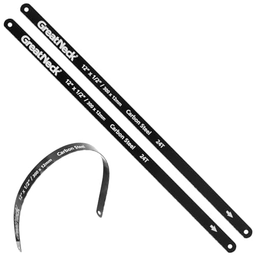 GreatNeck GF213 12-Inch Hacksaw Blades, 24 TPI, Flexible Steel with Hardened Teeth, Standard Replacement for Metal Cutting, Fits Most 12" Adjustable Hacksaws, Shatterproof Design, 2-Pack