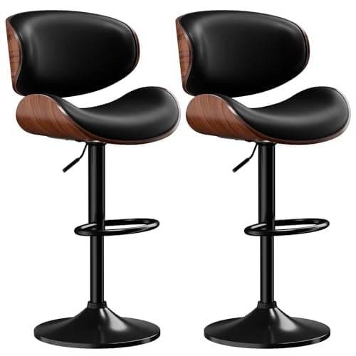 Aowos Bar Stools Set of 2, Adjustable Swivel Leather Bar Stools for Kitchen Island, Mid Century Modern Counter Height Bar Chairs Barstools with Back & Footrest (Black)
