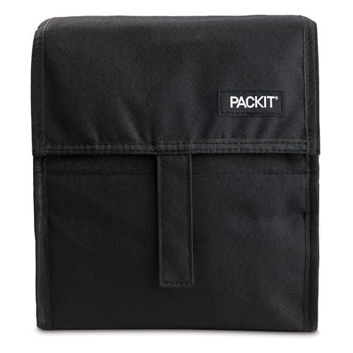 PackIt Freezable Lunch Bag, Black, Built with EcoFreeze Technology, Foldable, Reusable, Zip and Fold Closure with Buckle Handle, Perfect for School and Office Lunches