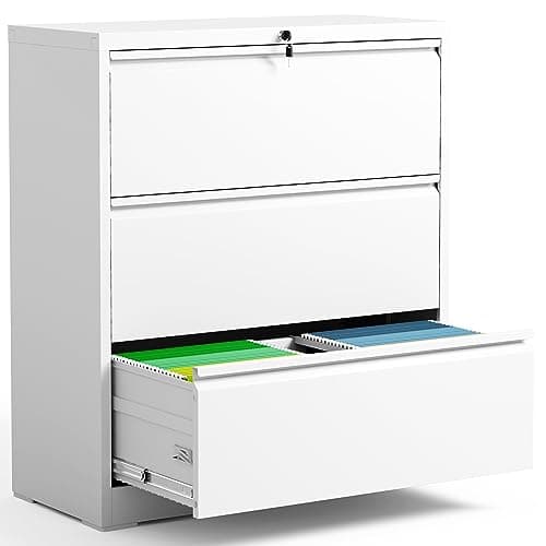 BIZOEIRON 3 Drawer Lateral File Cabinet for Home Office, Metal Filing Cabinet with Lock, Wide File Storage Drawers for Letter/Legal Size Hanging File Folders, Assembly Required, (White)