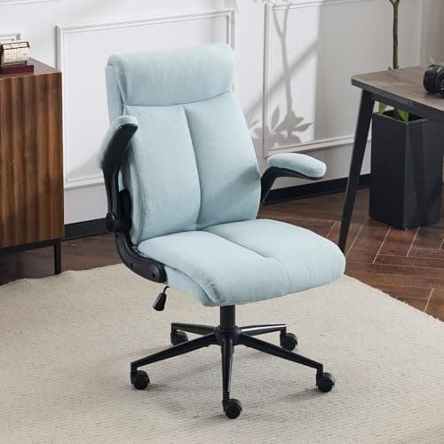 VINGLI Rolling Ergonomic Office Desk Chair with Padded Flip-up Arms, 360° Swivel High Back Executive Computer Chair with Wheels for Game,Home Small Space, Study Room, Reading Room, Linen Light Blue