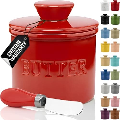 PriorityChef Butter Crock with Lid with Water Line, Ceramic French Butter Dish to Leave On Counter, Red