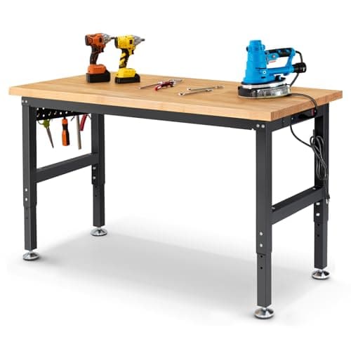 ENJOYWOOD 60 Inch Workbench for Garage Adjustable Height Work Bench with Pegboard Power Outlets Rubber Wood Tabletop Work Table for Cutting Wood Woodworking Shop Home Office Electronic