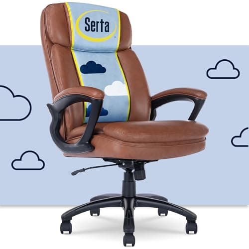 Serta Fairbanks Big & Tall Executive Office Chair, Ergonomic High-Back with Lumbar Support, Semi-Plush Seat Cushion and Body Pillows, Padded Armrests, Nylon Swivel Base, Bonded Leather, Cognac Brown