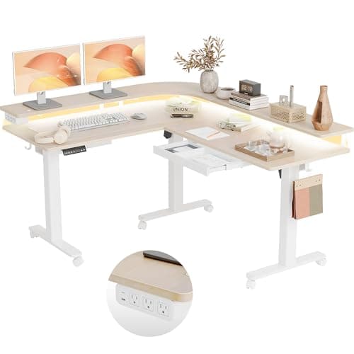 Claiks 63" L Shaped Standing Desk with Drawers and LED Lights, Height Adjustable Electric Corner Standing Desk with Monitor Stand & Power Outlet, 4 Memory Preset, Nature