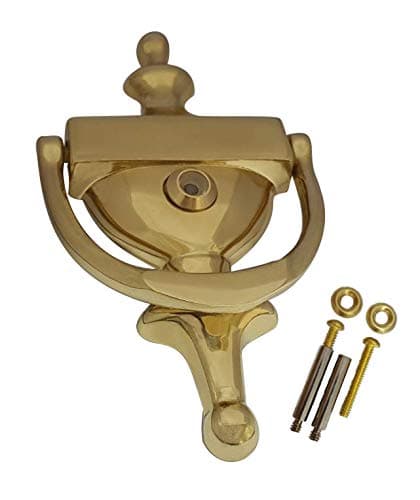 QCAA Solid Brass Door Knocker, 7", with 160 Degree Glass Len Door Viewer (UL Listed), Polished Brass, 1 Pack