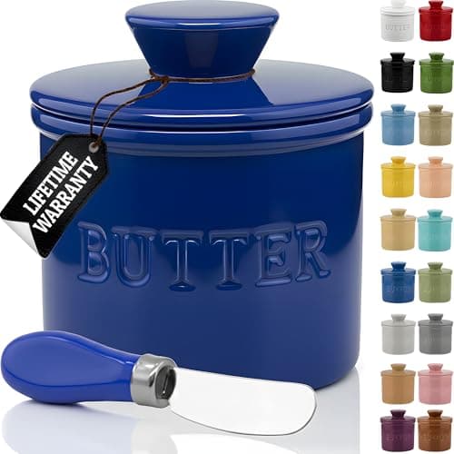 PriorityChef Butter Crock with Lid with Water Line, Ceramic French Butter Dish to Leave On Counter, Dark Blue