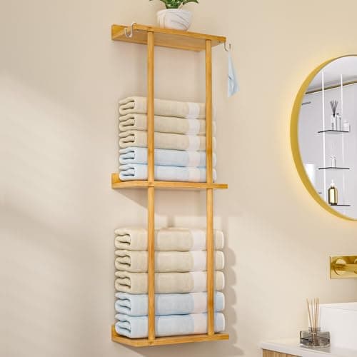 Cozivolife Towel Rack Bamboo for Bathroom, 3 Tier 32.7 inch with 2 Hooks and Shelf Wall Mounted Storage Organizer Shelf, Large Capacity Holder (Natural)