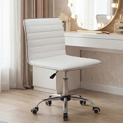 Furmax Vanity Office Desk Chair with Wheels, Armless Small Cute Leather Makeup Computer Task Chair Adjustable Height 360° Swivel (White)
