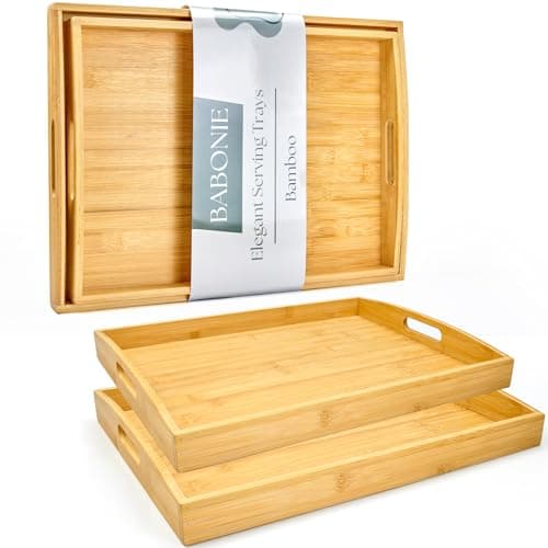 BABONIE Bamboo Serving Tray with Handles Set of 2 - Decorative Wooden Trays for Eating, Working, and Storing, Suitable for Use in Bedroom, Living Room, Kitchen, Bathroom, Outdoor Scenarios and More