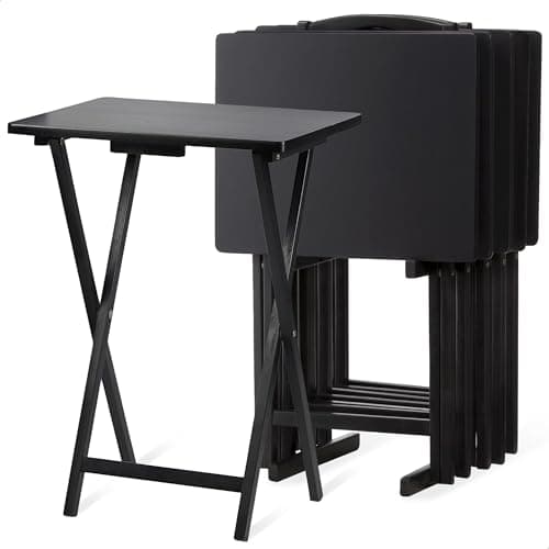 PJ Wood Multifunctional Rectangular Folding and Collapsible Solid Wood TV Tray Snack Tables with Compact Storage Rack, Set of 5, Black