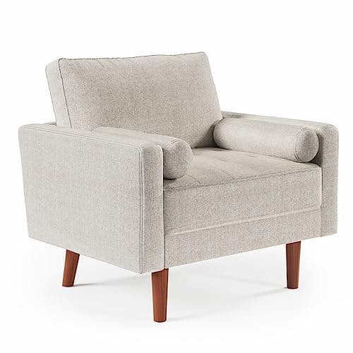 koorlian Beige Accent Chairs, Mid Century Modern Accent Chair with Track Armrest, Button Tufted Armchair, 2 Bolster Pillow, Linen Fabric Single Sofa Chair for Living Room/Bedroom/Office