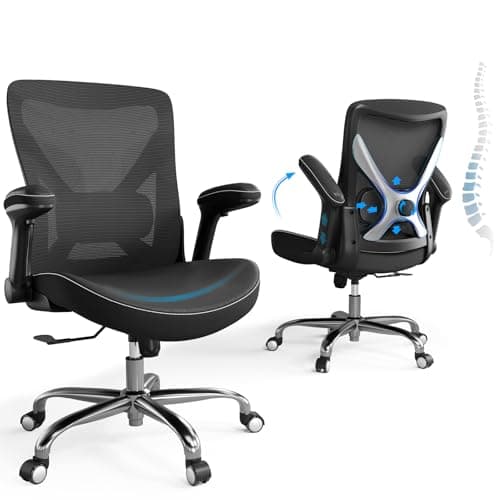 Ergalithic Office Home Ergonomic Desk Chair-Computer X-Shaped Chair Mesh PU Leather with Adjustable Lumbar Support-Executive Chair High Back Flip-Up Arms for Long Hours (Black-Silver-No Headrest)