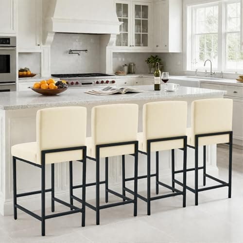 Mellolivin Bar Stools Set of 4, 24" Counter Height Barstools with Back, Faux Leather Upholstered Modern Bar Chairs for Kitchen Island & Home Bar, Metal Legs, Beige