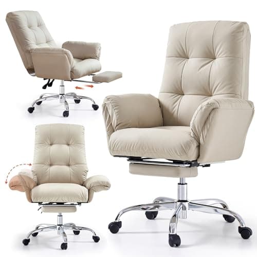 EMIAH Office Chair with Foot Rest Criss Cross Chair with Wheels and Flip-up Arms Reclining Desk Chair Comfy Wide Seat PU Leather Rolling Computer Home Office Chair (Beige)