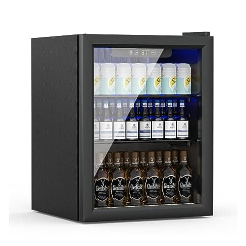 Erivess Compact Freestanding Beverage Refrigerator,70 Can/ 1.6 Cubic Feet Mini Fridge with Reversible Glass Front Door for Soda, Beer or Wine, Under Counter Small Refrigerator 2 Adjustable Shelves