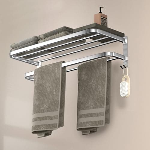 DDS-DUDES 23 Inch Bathroom Towel Rack Towel Shelf with Double Towel Bars Lavatory Wall Mount Holder with Hooks Stainless Steel Hotel Bath Rack