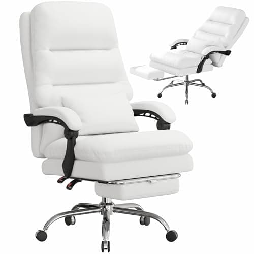 Ylzyxal Big and Tall Office Chair - Ergonomic 400LBS PU Leather Computer Chair With Foot Rest and Lumbar Pillow (White)