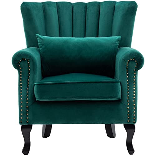DM Furniture Mid Century Accent Chair Modern Tufted Wingback Armchairs Club Chair Velvet Fabric Single Sofa Lounge Chair with Pillow for Living Room, Green