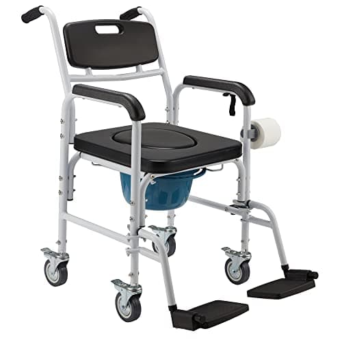 Homguava Bedside Commode Wheelchair, 4 in 1 Shower Commode Chair Rolling Transport Chair Toilet with Arms for Seniors and Disabled Weight Capacity 350lbs, Black