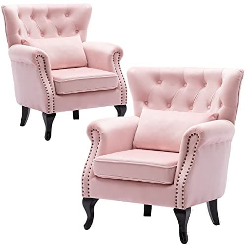 DM Furniture Set of 2 Mid Century Modern Accent Chair for Living Room, Velvet Armchair with Tufted Back and Wood Legs, Upholstered Lounge Armchair Single Sofa for Bedroom, Light Pink