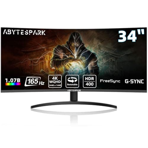 abytespark 34 Inch Curved Ultra Wide WQHD 4K (3440 × 1440) Gaming Monitor, 165Hz 1500R-PIP/PBP, 1ms (MPRT), HDR400, DCI-P3 95%,FreeSync & G-Sync, 2 x DP 1.4 and 2 x HDMI 2.0, Tilt Height Adjustment