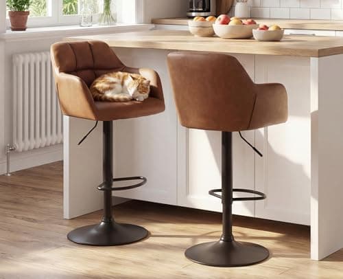 EALSON Modern Swivel Bar Stools Set of 2 Leather Counter Height Barstools with Back and Arms Adjustable Bar Stool Chairs with Metal Base for Kitchen Island/Home Bar/Dining Room, Brown