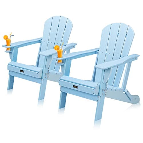 VINGLI Plastic Adirondack Chairs Set of 2, Folding with Cup Holder, Waterproof HDPE Material, Comfortable 380lb Weight Capacity for Outdoor Pool Patio Lounge Chair Lawn Furniture Firepit (Blue)