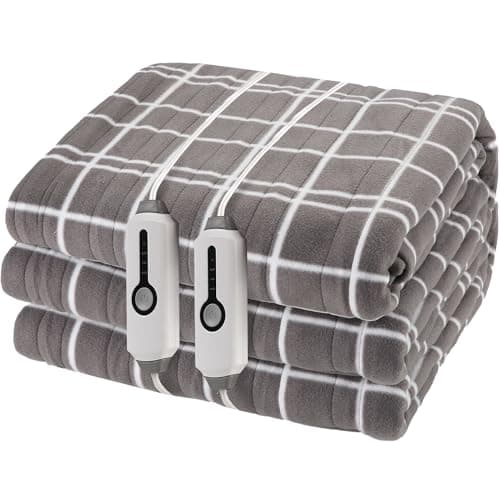 Eydna Electric Heated Blanket Queen Size 84"x90", Soft Fleece with 10 Hours Auto-Off & 4 Heating Levels, Dual Control and Machine Washable, LightGray Plaid