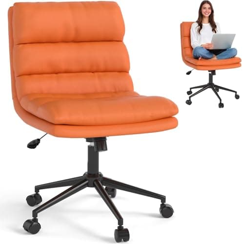 JFHID Criss Cross Chair with Wheels, High Back Cross Legged Office Chairs with Wide Seat, Armless Comfty Cute Computer Desk Chairs with Soft Cusion, Home Desk Chairs for Vanity PU Leather Orange