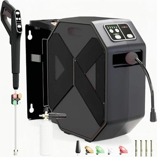 Electric Pressure Washer, 5200 PSI 3.2 GPM Wall Mounted Power Washer, Remote Control with 100 FT Retractable Hose, Foam Cannon, Nozzles for Cars/Garage/Patio, Black
