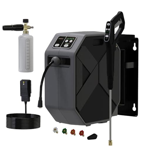 WISSIPRO Electric Wall Mounted Power Washer with GFCI Power Cord 100FT Retractable Hose and 1L Foam Canno for Cars, Driveways, Patios